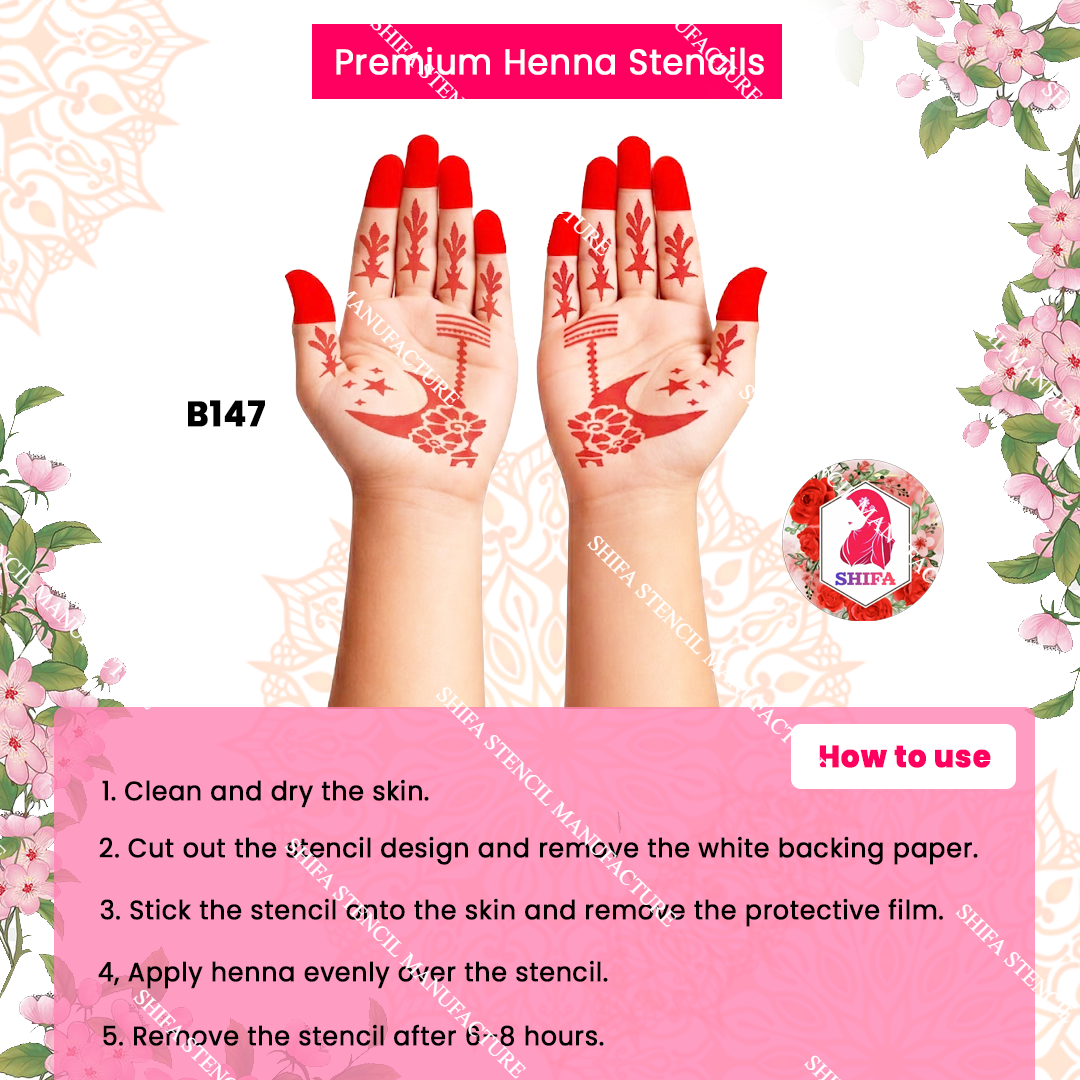 B147 (age 5 to 10) Lantern Bloom Crescent Double Hand Henna Stencil